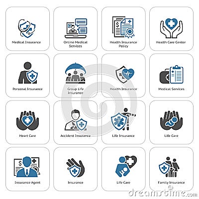 Insurance and Medical Services Icons Set. Vector Illustration