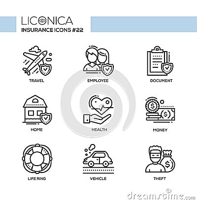 Insurance - monochromatic modern single line icons set Vector Illustration