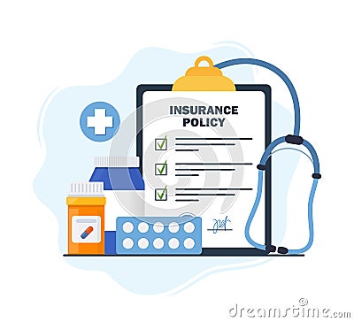 Insurance policy on clipboard. Health insurance agreement and medical drugs, pills. Check list with signature on board. Protection Vector Illustration