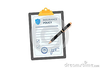 Insurance policy on clipboard with pen isolated on white background. Company agreement contract document check list on Vector Illustration