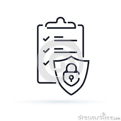 Insurance policy concept, check board and shield, data security, fraud analysis, vector line icon Vector Illustration