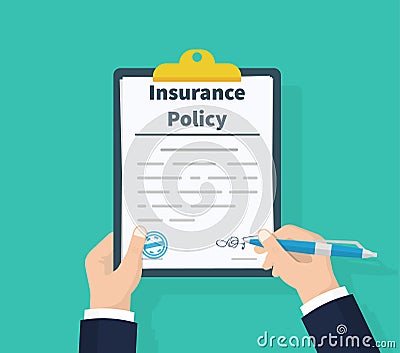 Insurance policy. Holding clipboard in hand. Man signature form. Claim form. Document protection property. Analyzing Vector Illustration