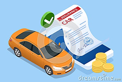 Insurance policy. Isometric Car Insurance services. Auto insurance policy with cash and key fob. Protection from danger Vector Illustration