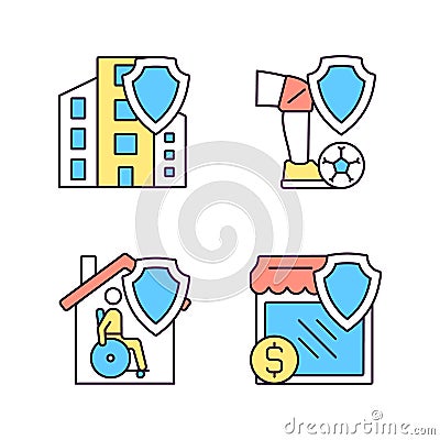 Insurance policy types RGB color icons set Vector Illustration