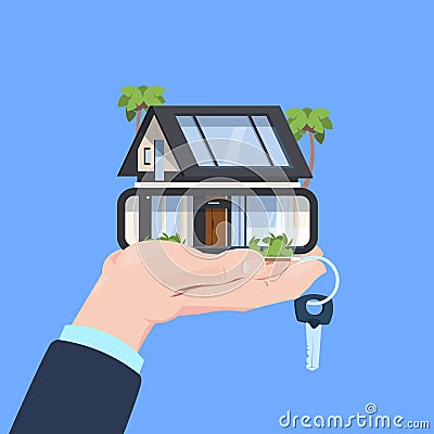 Insurance service hand protective gesture smart house key on blue background flat Vector Illustration