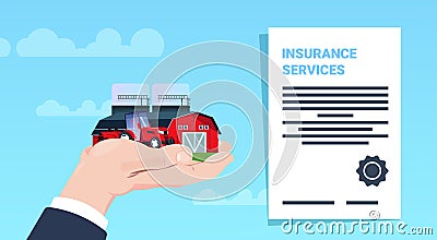Insurance service protection concept hand tractor farm agriculture policy contract on blue background flat Vector Illustration