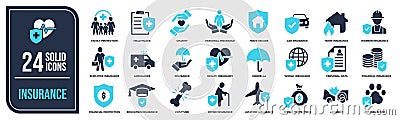 Insurance solid icons collection. Containing healthcare, life, car, home, business icons. Vector illustration. Vector Illustration