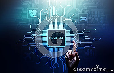 Insurtech button on virtual screen. Insurance technology internet digital iot insured family car property health. Stock Photo