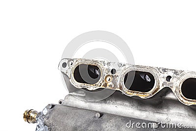 Intake manifold metal housing with a system for adjusting the air flow to the engine. Repair and replacement of spare parts of Stock Photo