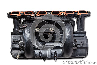 Intake manifold plastic housing with a system for adjusting the air flow to the engine. Repair and replacement of spare parts of Stock Photo