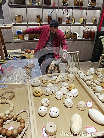 Intangible Cultural Heritage Inheritor making bamboo handcrafts Editorial Stock Photo