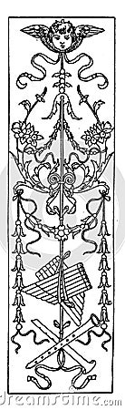 Intarsia Oblong Panel is a wood inlay design found in Bologna, vintage engraving Vector Illustration