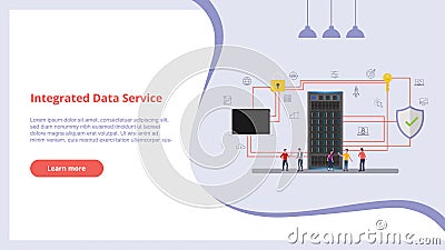 Integrated data service concept with people for website design template banner server and secure icon database - vector Cartoon Illustration