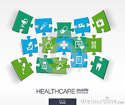 Integrated flat icons. 3d infographic concept with medical, health, healthcare, cross pieces in perspective. Vector Illustration