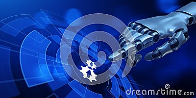 Integration data system technology concept. Robotic hand pressing virtual button 3d render. Stock Photo