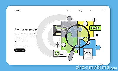 Integration testing level web banner or landing page. Software testing Cartoon Illustration