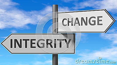 Integrity and change as a choice - pictured as words Integrity, change on road signs to show that when a person makes decision he Cartoon Illustration