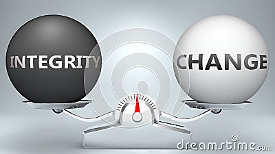 Integrity and change in balance - pictured as a scale and words Integrity, change - to symbolize desired harmony between Integrity Cartoon Illustration