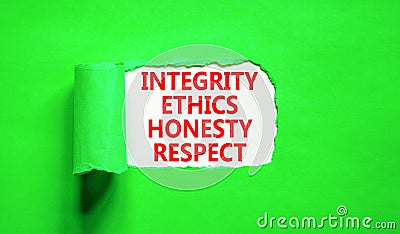 Integrity ethics honesty respect symbol. Concept word Integrity Ethics Honesty Respect on beautiful white paper. Beautiful green Stock Photo