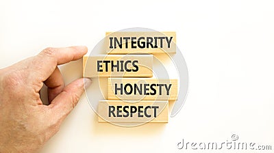 Integrity ethics honesty respect symbol. Concept word Integrity Ethics Honesty Respect on block. Beautiful white background. Stock Photo