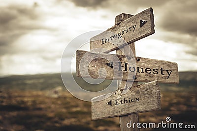 Integrity, honesty and ethics signpost in nature. Stock Photo