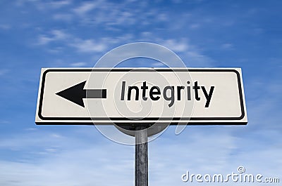 Integrity white road sign with arrow, arrow on blue sky background Stock Photo