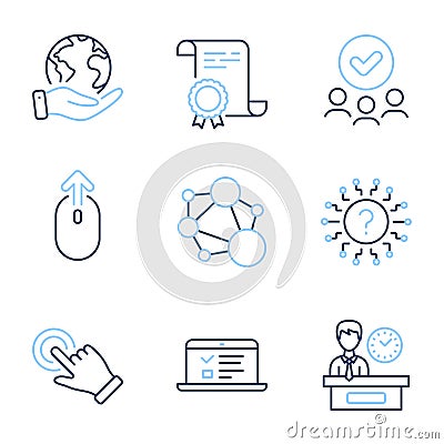Integrity, Swipe up and Presentation time icons set. Touchscreen gesture, Question mark and Web lectures signs. Vector Vector Illustration