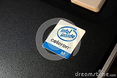 Intel Celeron Inside old obsolete laptop computer manufacturer sticker, old CPU processor label, retro computing, dated systems Editorial Stock Photo