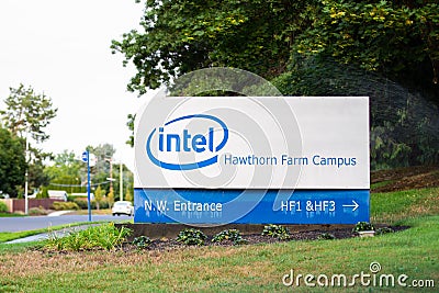 Intel corporation sign in Hillsboro, Oregon. Editorial Stock Photo