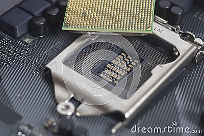 Intel LGA 1151 cpu socket on motherboard Computer PC with cpu pr Stock Photo