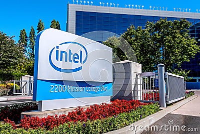 Santa Clara, California, USA May 31st 2022 Intel sign located in front of the entrance to the offices and museum located in Silico Editorial Stock Photo