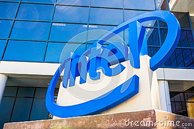 Intel sign located in front of the entrance to the offices and museum located in Silicon Valley Editorial Stock Photo