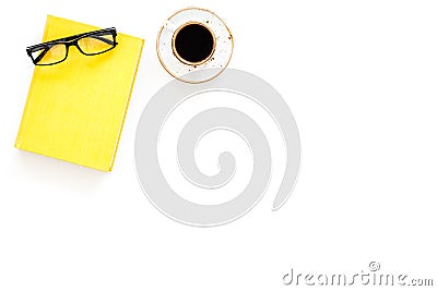 Intellectual entertainment concept. Books with empty cover near glasses, coffe, plant on white desk top view space for Stock Photo