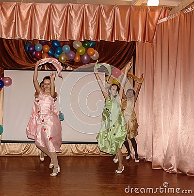 Intellectual game brain-ring and entertaining concert of schoolchildren in a rural school in Kaluga region in Russia. Editorial Stock Photo