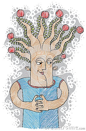 Intellectual product concept. Tree of life idea vector illustration. Hand-drawn picture of a human being with symbolic fruit tree Vector Illustration