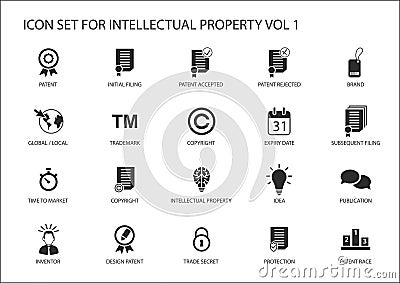 Intellectual property / IP icon set. Concept of patents, trademark and copyright Vector Illustration