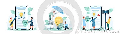 Intellectual property protection set, tiny people holding gavel, umbrella and shield Vector Illustration