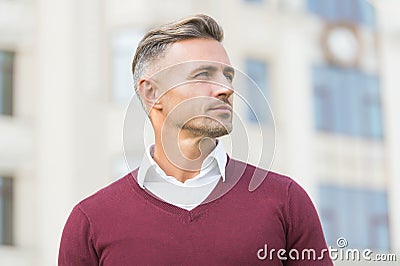 Intellectual work. Man stylish hairstyle. Male face. Businessman concept. Attractive mature man. Mature man grey hair Stock Photo