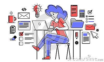 Intellectual worker woman making analysis of some data on pc or web, data systematization, collecting and analyzing information, Vector Illustration