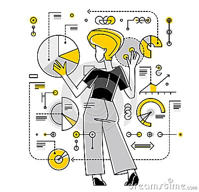Intellectual worker woman making analysis of some data on pc or web, data systematization, collecting and analyzing information, Vector Illustration
