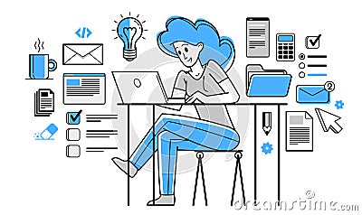 Intellectual worker woman making analysis of some data on pc or web, data systematization, collecting and analyzing information, Vector Illustration