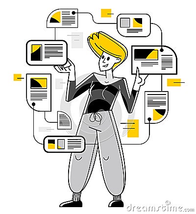 Intellectual worker woman making analysis of some data on pc or web, data systematization, collecting and analyzing information, Vector Illustration