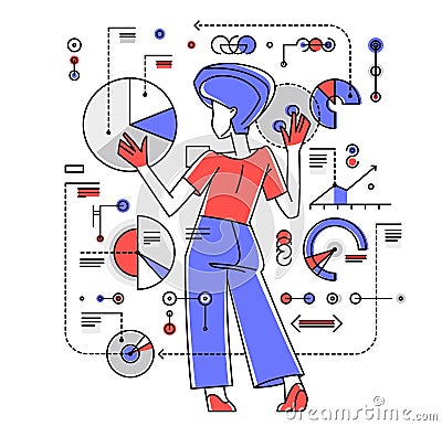 Intellectual worker woman making analysis of some data on pc or web, data systematization, collecting and analyzing information, Vector Illustration