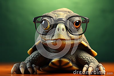 Intelligence meets cuteness, turtle with glasses on red backdrop, blurred green Stock Photo