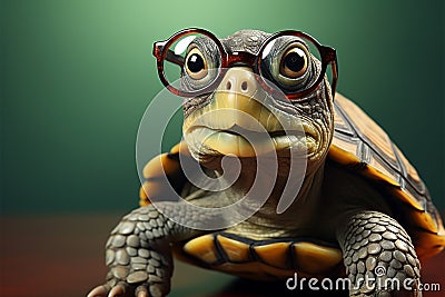 Intelligence meets cuteness, turtle with glasses on red backdrop, blurred green Stock Photo