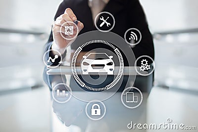 Intelligent car, AI vehicle, smart card. Symbol of the car and icon. Modern wireless communication and IOT concept. Stock Photo