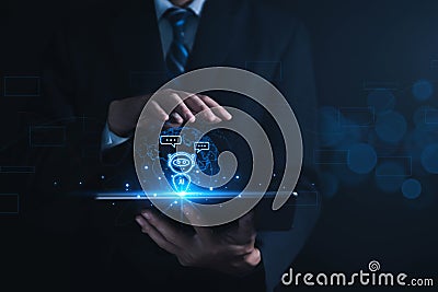 Intelligent digital chatbot chat assistant robots of customers access information online internet network. ai artificial Stock Photo
