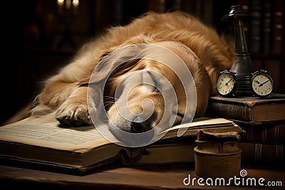 Intelligent Dog asleep reading. Generate Ai Stock Photo