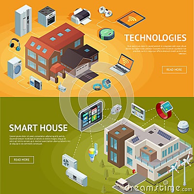 Intelligent House Isometric Banners Vector Illustration