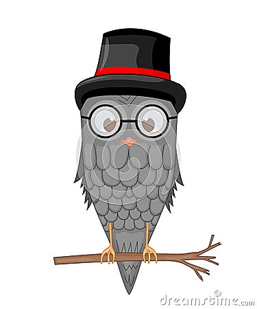 Intelligent owl in cylinder, tie and glasses. Smart card with a bird on the day of knowledge. September 1 the symbol of knowledge Stock Photo